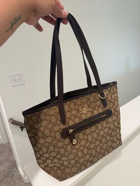 Coach Brown Signature Jacquard Tote with Dark Leather Trim